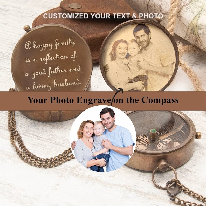 Personalized Photo Engraved Compass,Fathers Day Gift,Happy Family Photo Engraved