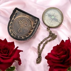 Vintage-Style Brass Compass with Chain and Leather Case Be Strong & Courageous