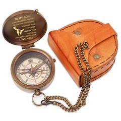 Engraved Brass Compass Gift For Son From Mom Inspirational Leather Case