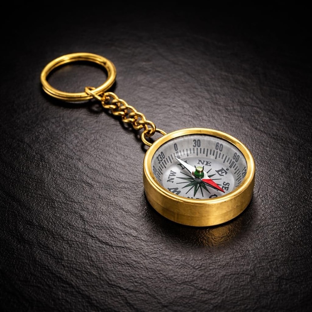 Vintage Brass Compass Keychain, Gold Finish, 11 cm, Travel & Hiking Accessory