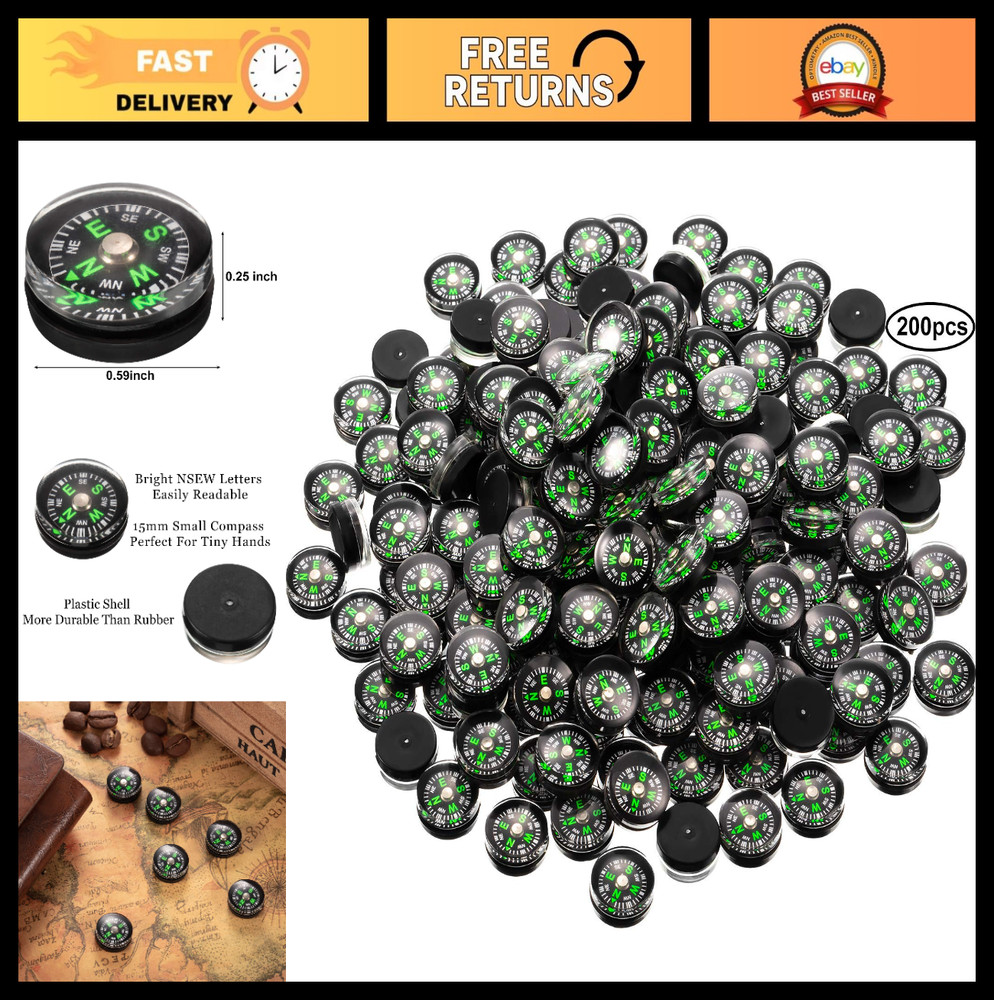 200 Mini Black Survival Compasses – 200pcs Oil Filled Button Compass for Camping