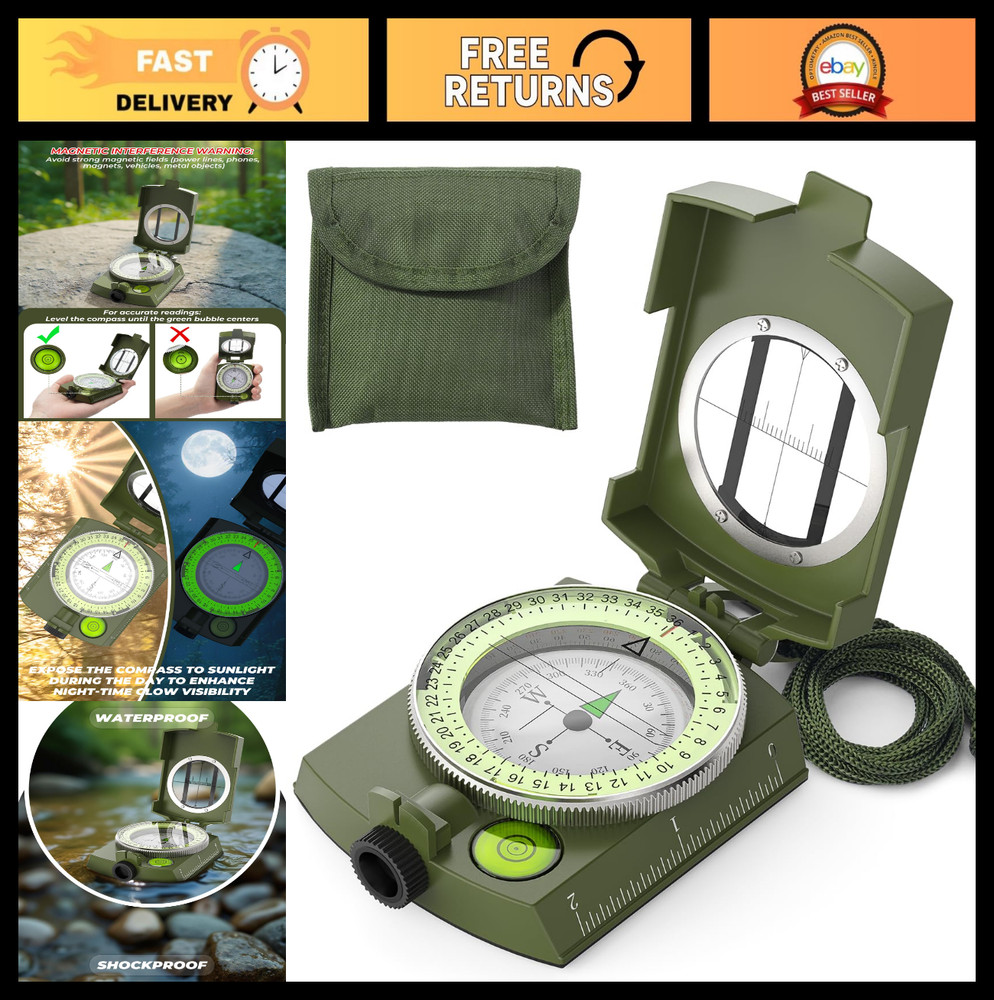 Durable Lightweight Orienteering Compass with Strap & Case – Glow in Dark, Water