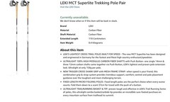LEKI MCT Cross Trail Superlite Carbon Fiber Trekking Poles 110cm Push Button