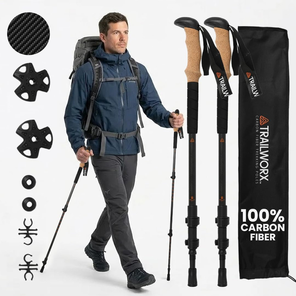 3K Carbon Fiber Collapsible Hiking Poles, Adjustable Trekking Poles for Hiking,