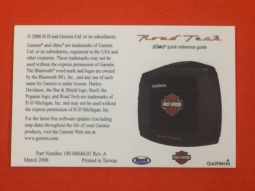 Garmin Zumo 550 GPS Harley Davidson Road Tech Quick Reference Guide *Cliff Notes