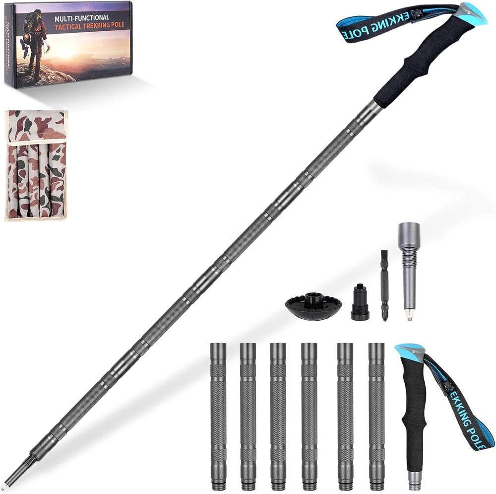 Hiking Walking Staff – Detachable Trekking Pole Multitool for Man Women (7 Tube