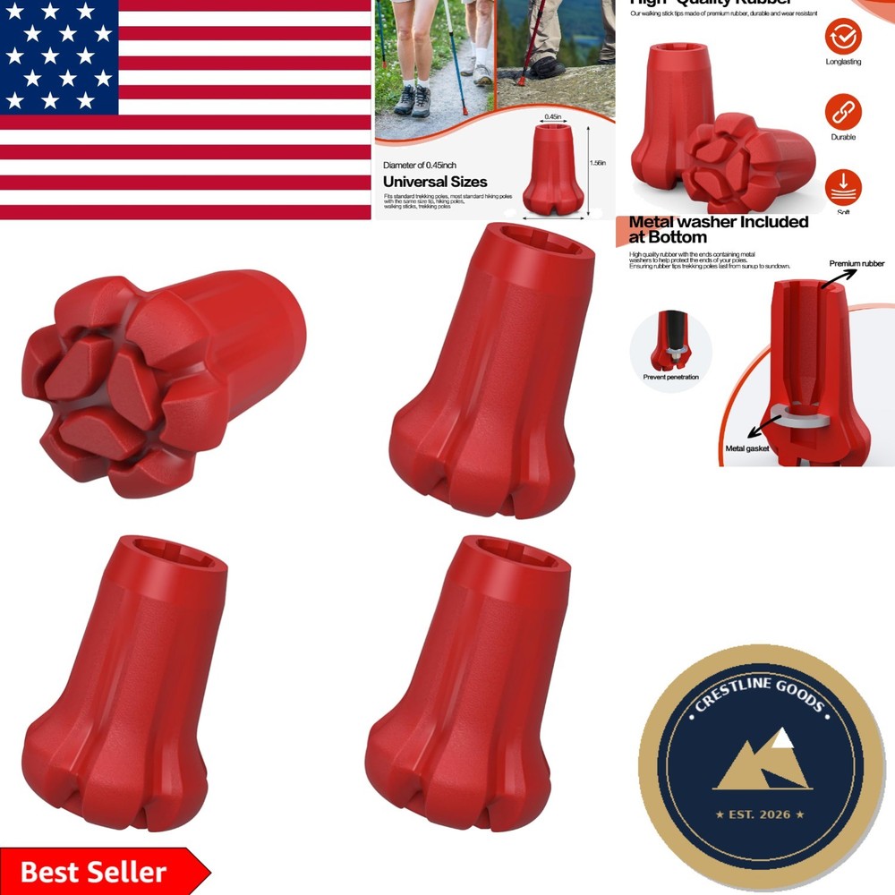 Universal Fit 4-Pc Hiking Pole Tips – Lightweight Red Rubber for Safety