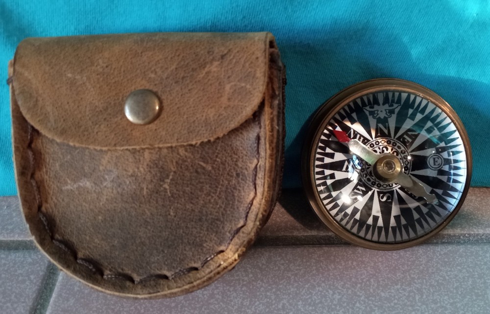 COMPASS BRASS GLASS w/LEATHER POUCH “You Are My True North” HIKING CAMPING