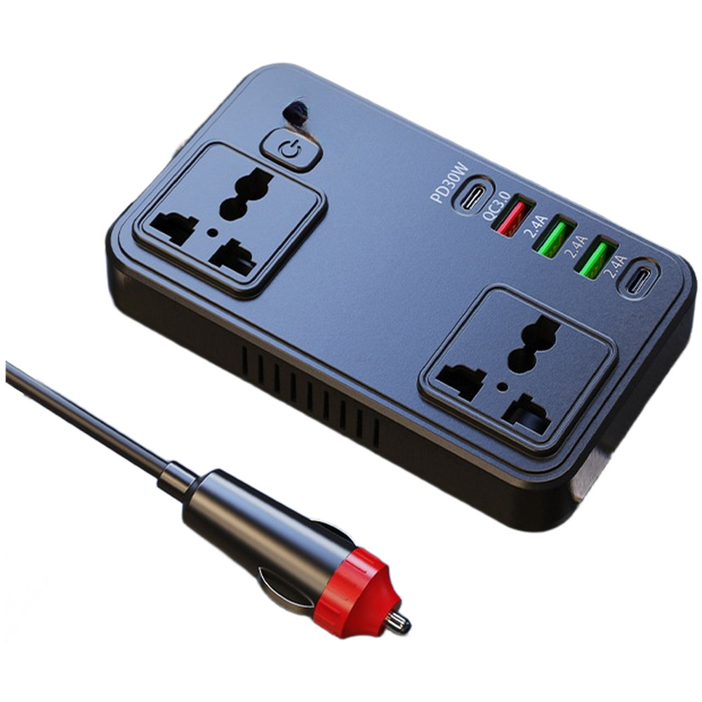 150W Compact Car Inverter 13.5x8x2cm Black ABS Housing 7 USB Charging Ports