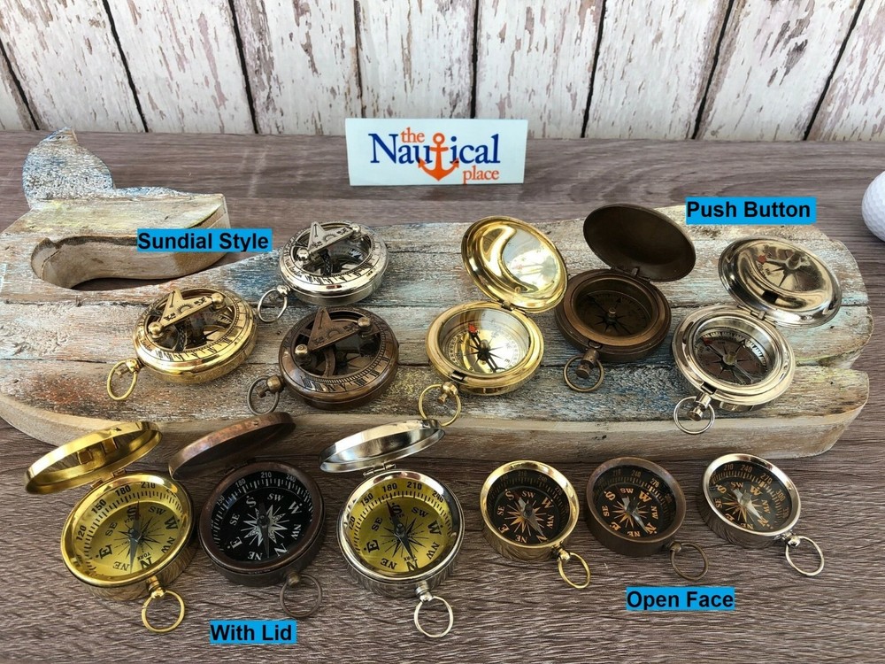 Brass Compass – Sundial, Push Button w/ Lid – Antique, Gold, Silver – Necklace