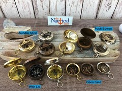 Brass Compass – Sundial, Push Button w/ Lid – Antique, Gold, Silver – Necklace