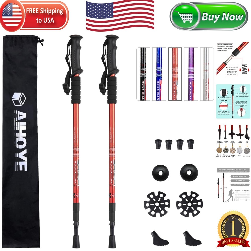 2 Pack Lightweight Hiking Poles – Collapsible & Anti-Shock with Replacement Tips