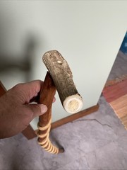 Hand-Carved 37”Wooden Walking Stick Cane W/Snake Design Antler Handle