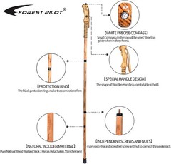 3-Pc Detachable Hardwood Walking Stick Pine Handle with Compass (Nature Color, 5