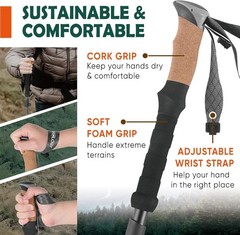 Trek-Z Cork Grip Trekking Poles – Lightweight Folding Hiking Poles, Adjustable