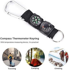 2Pcs Black Carabiner Key Chain Compass Thermometer Metal Camping Outdoor Gadgets
