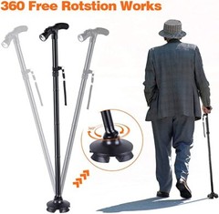 Folding LED Walking Stick Cane All-Terrain Pivoting Base Adjustable Black
