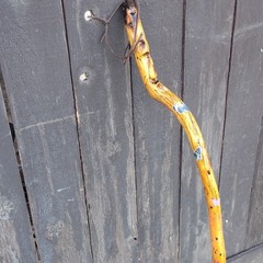 Handmade Wooden Walking Stick with Carved Face and Painted Accents for Hiking