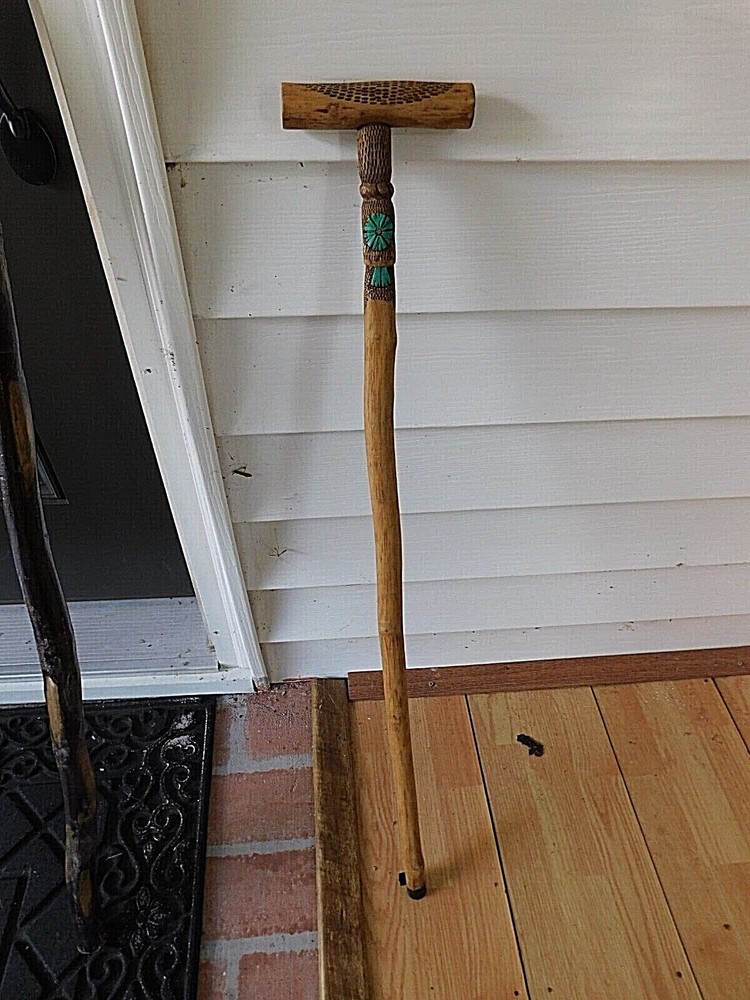 Vintage Wooden Wood Walking Stick with Aqua / Turquoise Blue Ribbon Feathered ?