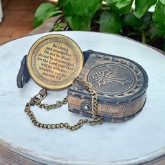 Vintage-Style Brass Compass with Chain and Leather Case Be Strong & Courageous