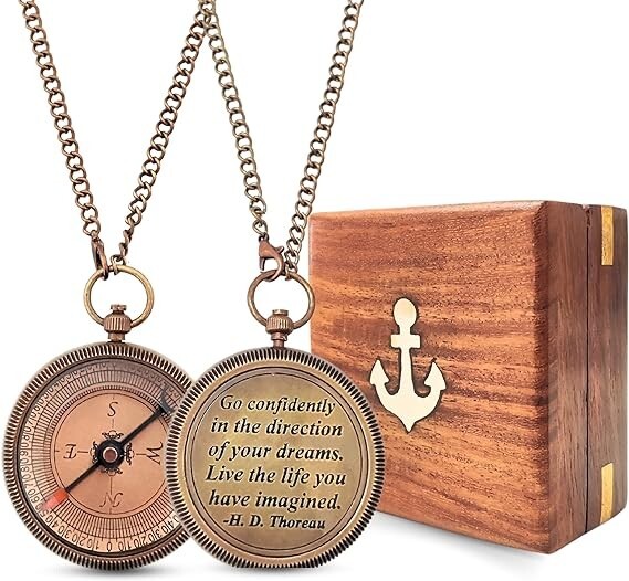 Vintage Brass Locket Compass with Wooden Box Case – Your Elegant Pathfinder