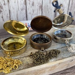 Brass Compass – Sundial, Push Button w/ Lid – Antique, Gold, Silver – Necklace
