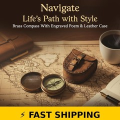 Wind & Weather Antiqued Brass Poem Compass with Leather Case