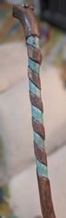 ​Custom Hand Carved Oak Cane Walking Stick Teal Spiral Petrified Wood Inlay 45″