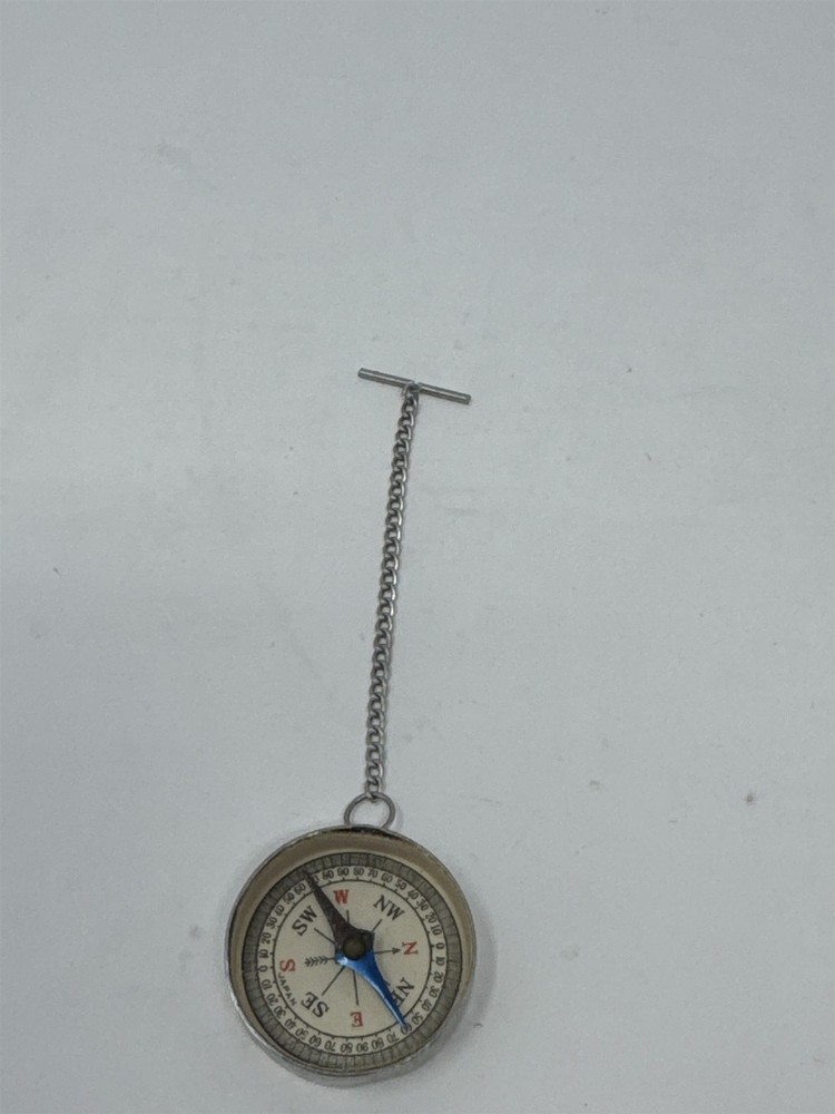 Vtg Japan Miniature Pocket Compass Watch Chain T-Bar Clasp Silver Metal