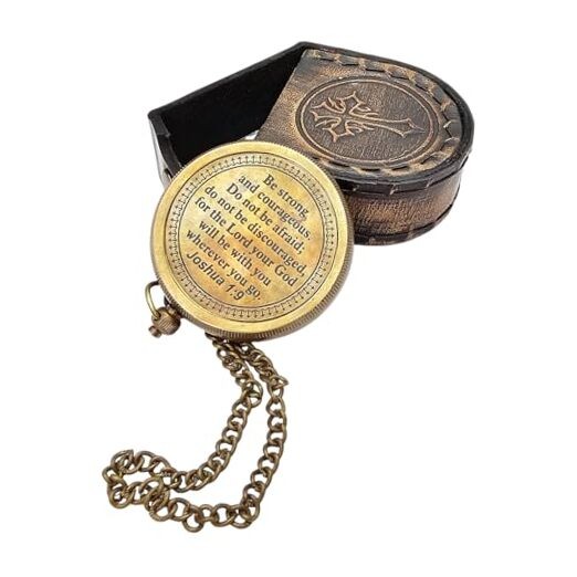 Vintage-Style Brass Compass with Chain and Leather Case Be Strong & Courageous