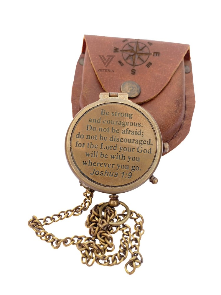 Be Strong & Courageous Brass Compass Joshua 19 Quote Birthday Baptism Set