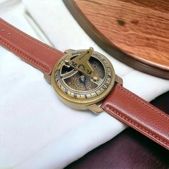 Brass Sundial Compass Design Wrist Watch Leather Band Vintage Nautical Men Gift