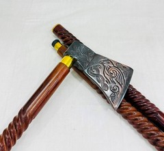 Walking Cane/Axe Handle Design/Black Metal Head, Gold Accent Band/Walking Stick