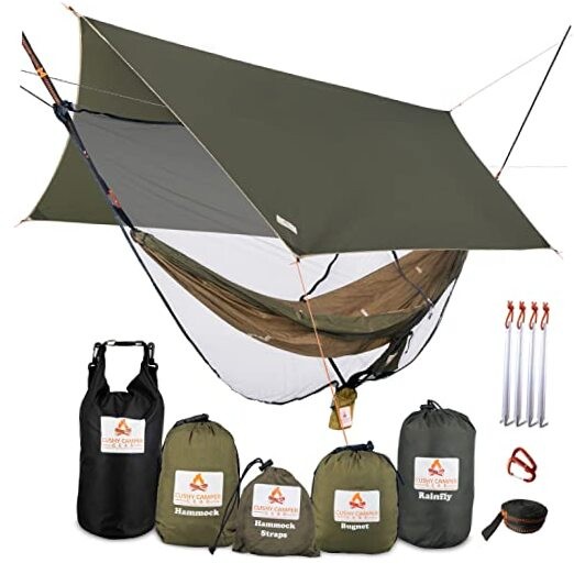 Premium Hammock with Rain Fly, Bug Net, Tree Straps, and Dry Army Green/Khaki