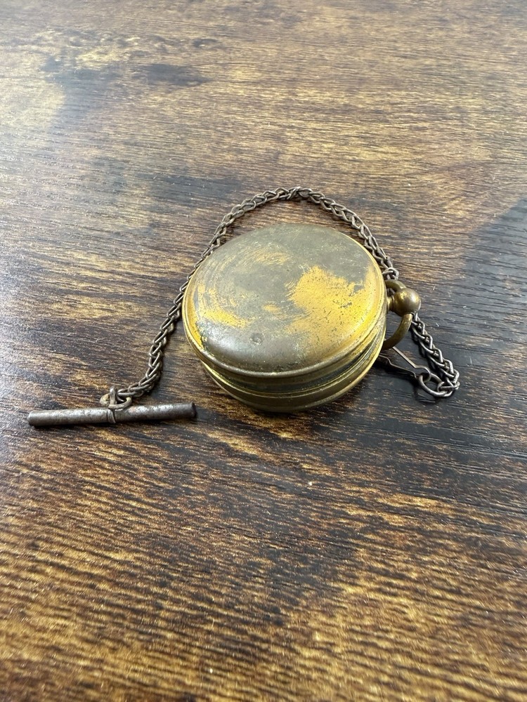 Vintage Antique Brass Pocket Compass Made In France Military Style W/CHAIN Works