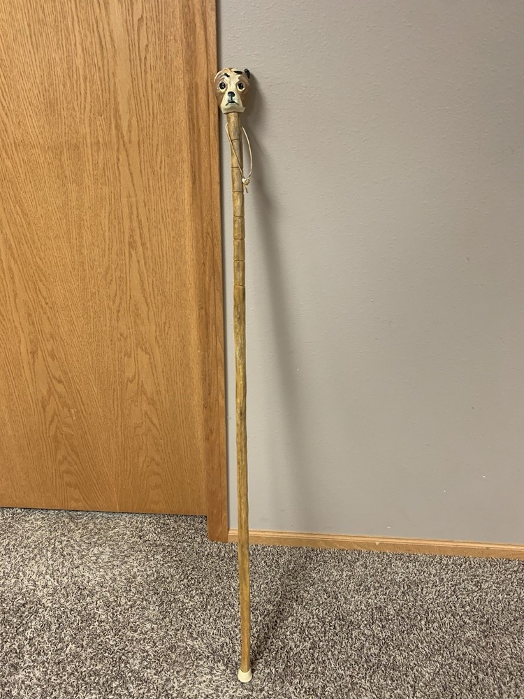 Hand Carved Natural Wood Hiking Walking Stick Cane Great Handle 52” Dog Head