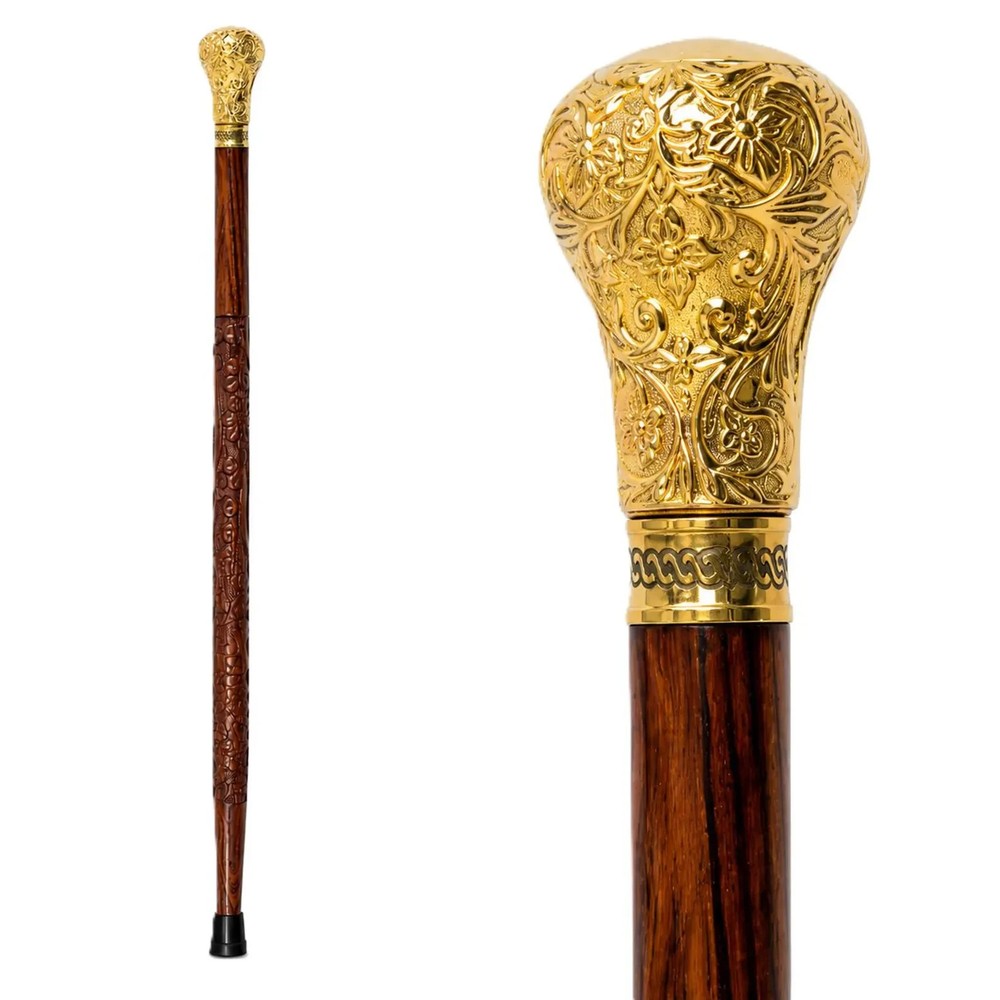 Handmade Brass Handle Walking Stick, Victorian Style Wooden Cane, Floral Carved