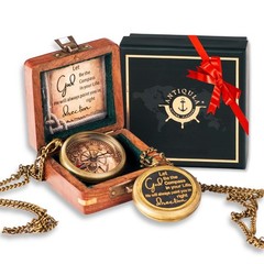 Brass God Compass with Wooden Box, Antique Religious Gifts for Men with Quote…