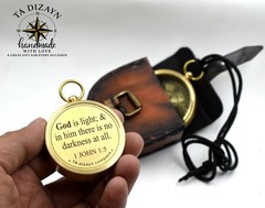 God is Light-1 John 1:5 Quote Engraved Compass with 2″ Inch, Poolish Brass