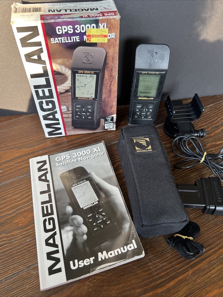 Magellan GPS 3000 XL Handheld IOB w/Manual, Car Charger, Adaptor & Case WORKS!