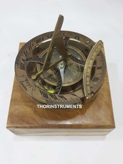 Antique Brass 4 Inch Sundial Compass Clock Wood Box Ship Replica Watch