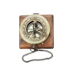 Vintage Antique Sundial Compass, With chain, With Wooden Box