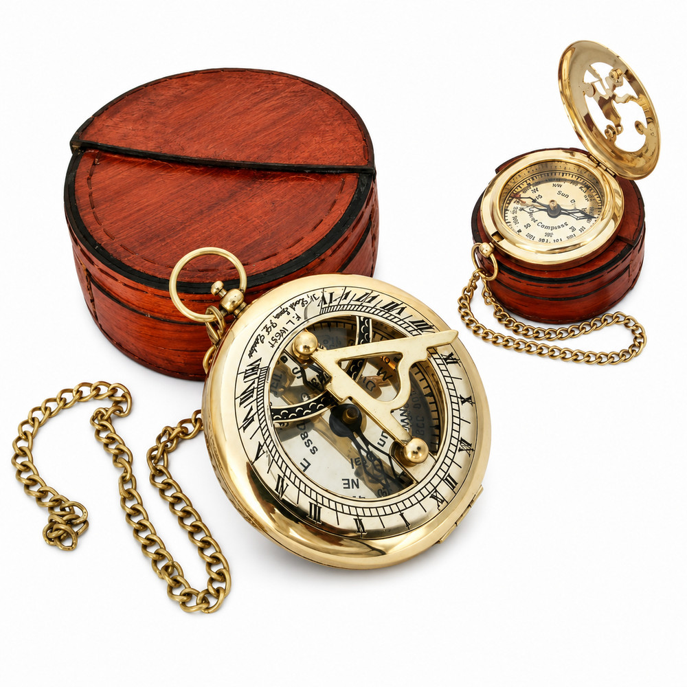 Beautiful Brass Sundial Compass/Brown Leather Case & Chain | Push Open Compass