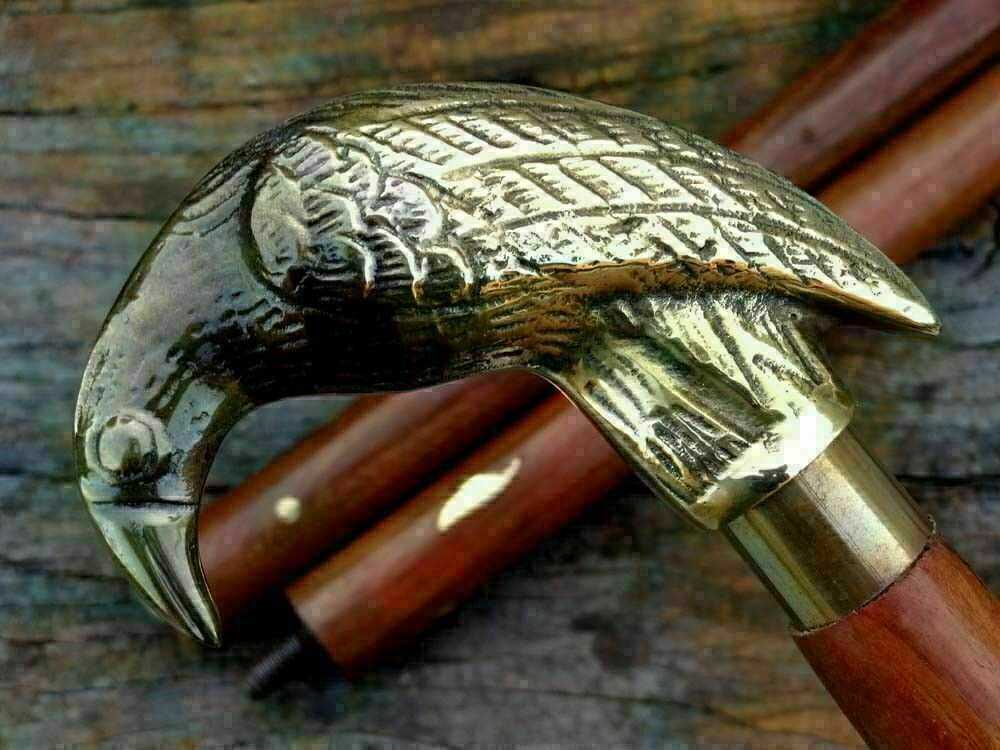 Antique Wooden Walking Stick Brass Eagle Design Head Handle Cane