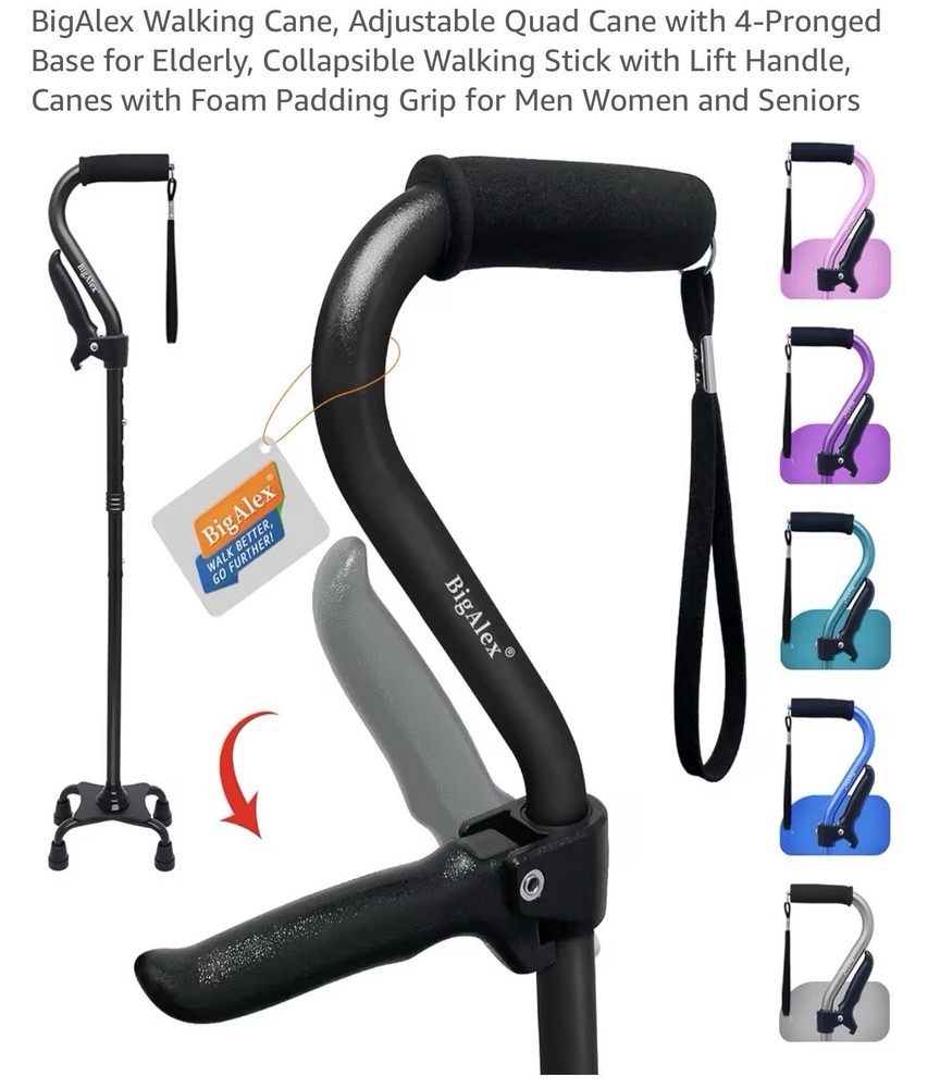 BigAlex Walking Cane, Adjustable Quad Cane with 4-Pronged Base..