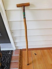 Vintage Wooden Wood Walking Stick with Aqua / Turquoise Blue Ribbon Feathered ?