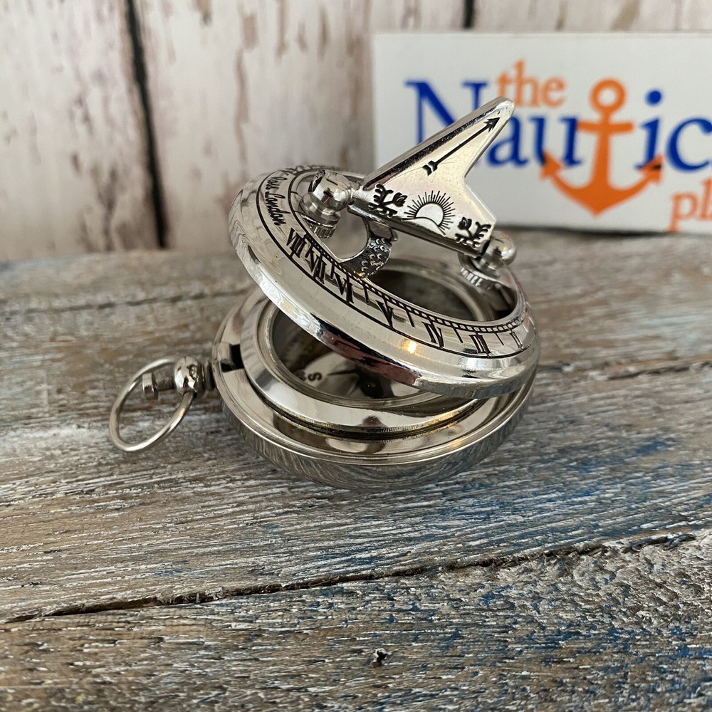 Silver Finish Brass Sundial Compass w/ Lid – Nautical Necklace Pendant -Keychain