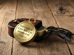 God is Light-1 John 1:5 Quote Engraved Compass with 2″ Inch, Poolish Brass