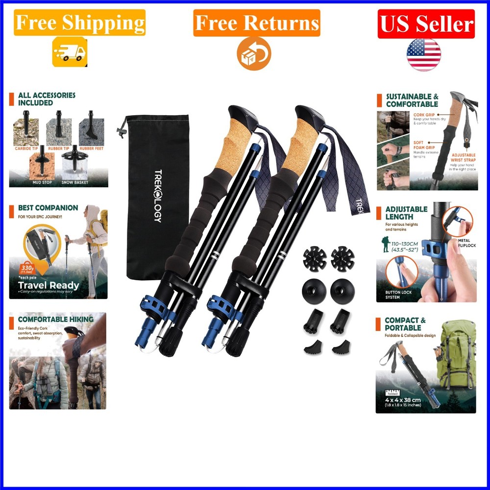 Trek-Z Black & Blue Aluminum Collapsible Trekking Poles (Set of 2)