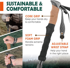 Trek-Z Cork Grip Trekking Poles – Lightweight Folding Hiking Poles, Adjustable H
